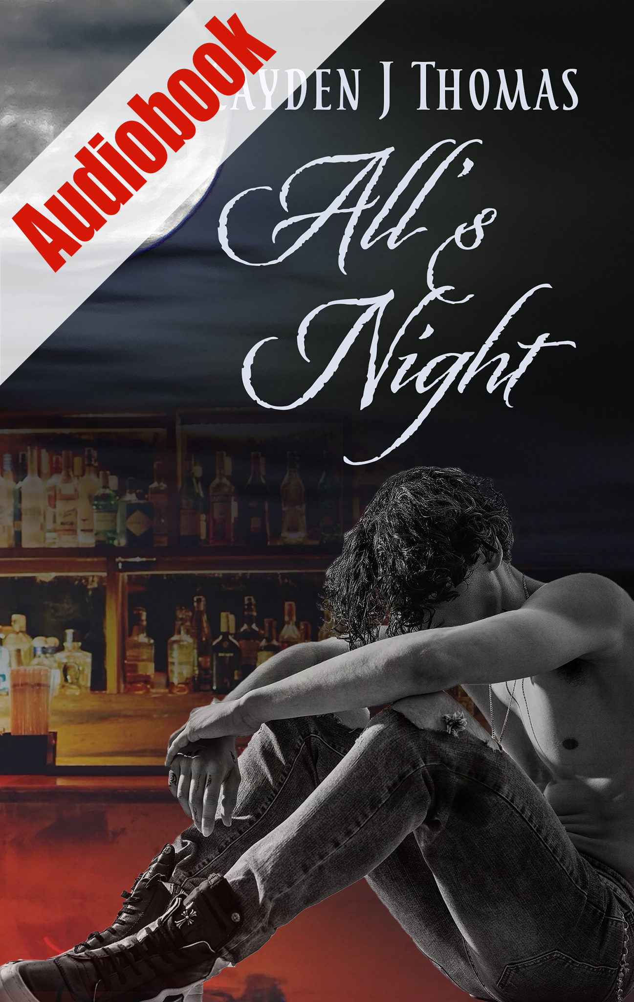 Book cover of shirtless man sitting dejected and bar in background with Audiobook banner