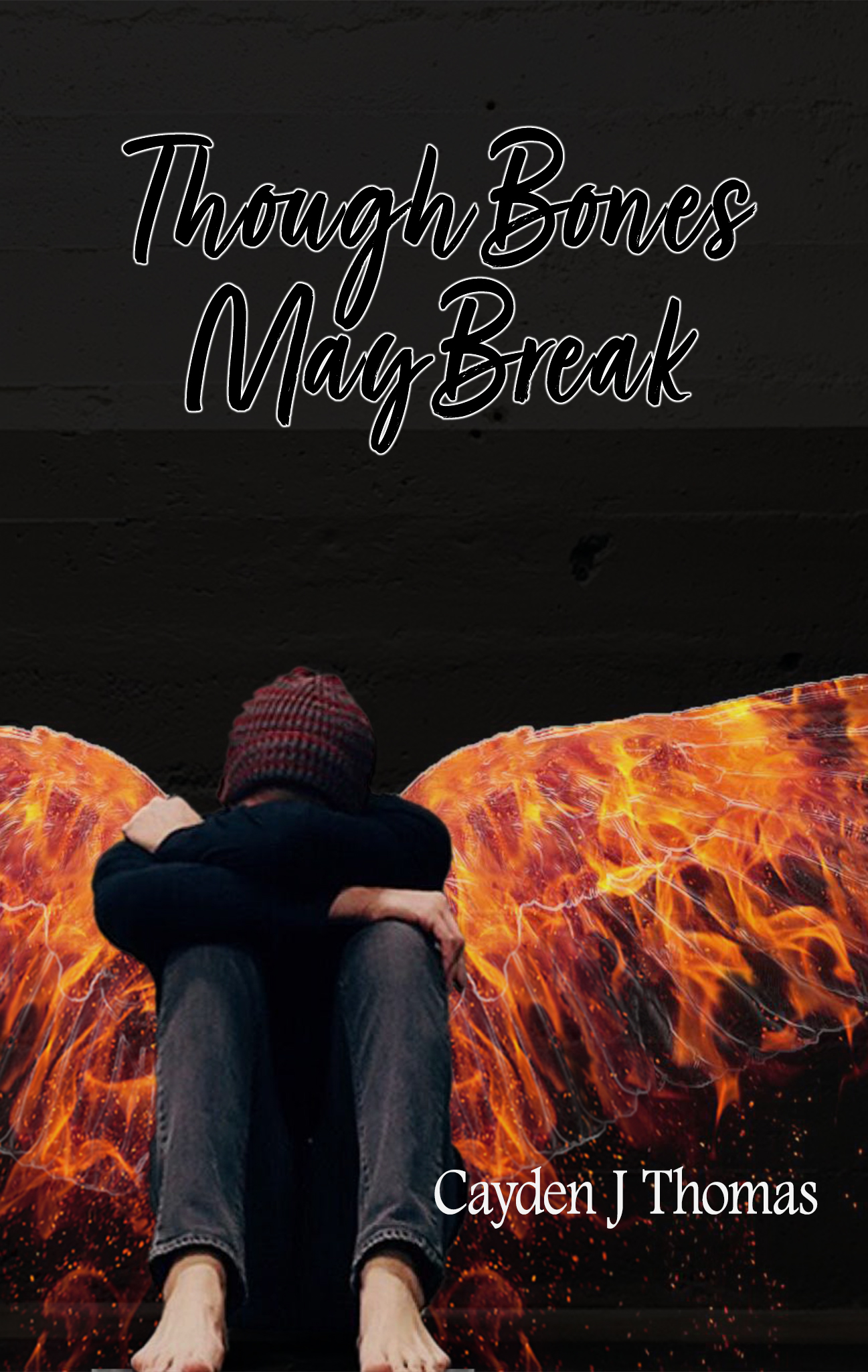Young man with fire wings sitting in front of brick wall