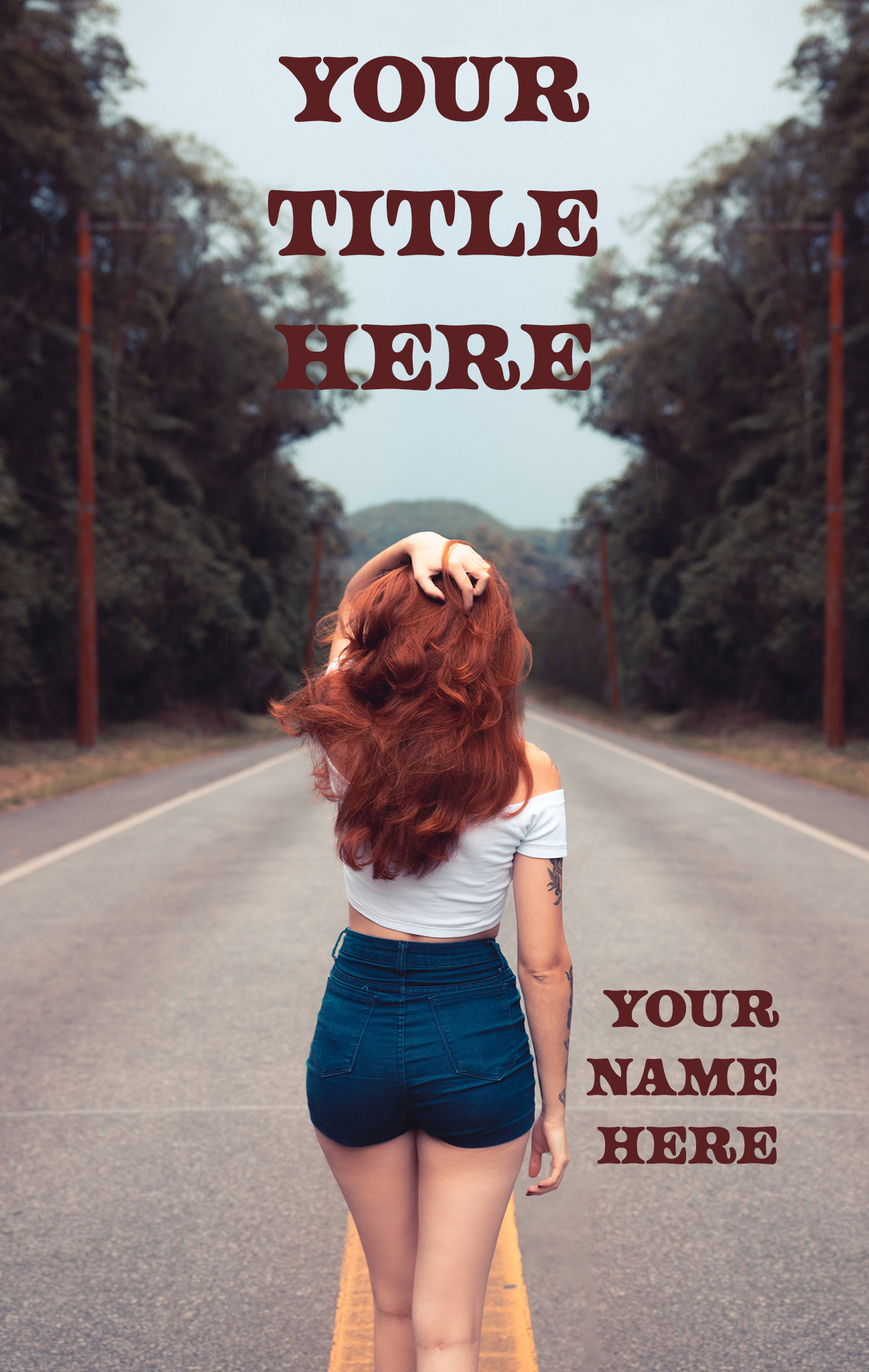 Book cover of woman in middle of road lined with trees